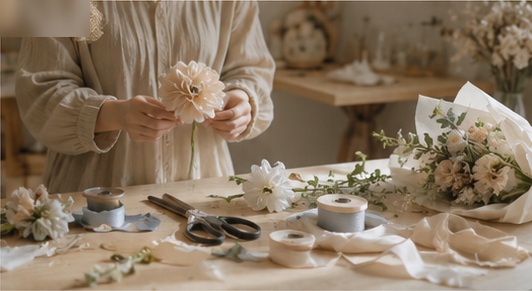 默花工作室手作花藝過程，桌面上有花材與緞帶